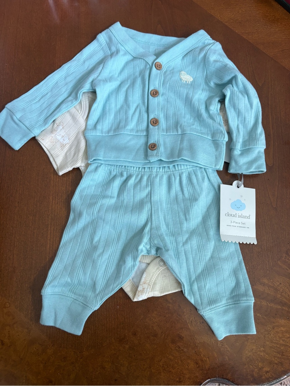 cloud island light blue baby ribbed 3-piece set with cream bodysuit
